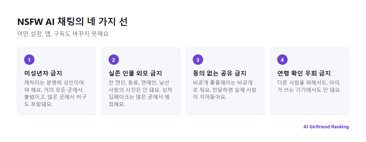 NSFW AI 채팅의 네 가지 넘으면 안 되는 선: 미성년자 금지, 실존 인물의 외모 금지, 동의 없는 공유 금지, 연령 확인 우회 금지