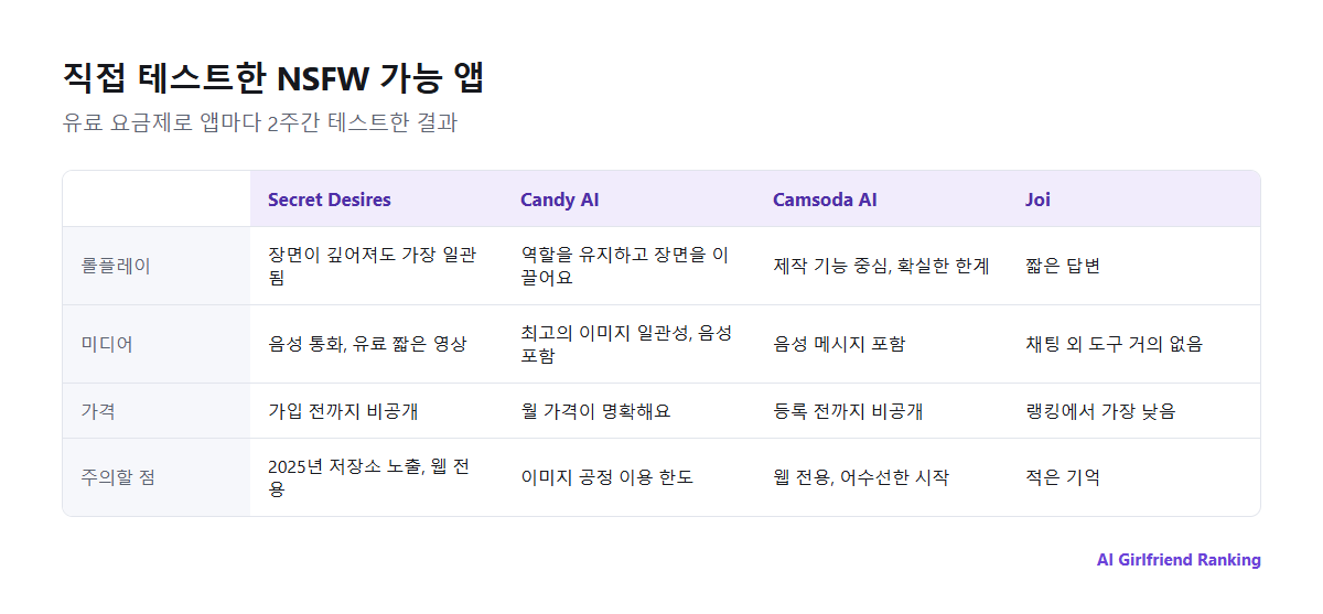 직접 테스트한 NSFW 가능 앱을 롤플레이 일관성, 이미지와 음성, 캐릭터 제작과 한계 설정, 가격, 플랫폼 기준으로 비교한 그림