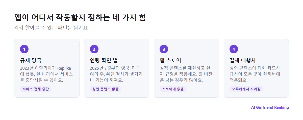국가별로 AI 컴패니언 앱을 제한하는 네 가지 힘: 규제 당국, 연령 확인 법, 앱 스토어, 결제 대행사