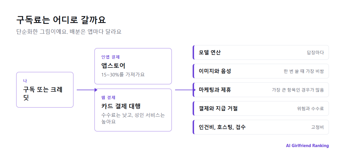 AI 컴패니언 앱의 돈의 흐름 도식. 이용자가 앱스토어나 웹 결제로 내면 스토어가 수수료를 가져가고, 회사는 모델 연산, 이미지와 음성 생성, 결제 처리, 제휴 수수료, 인건비를 부담해요