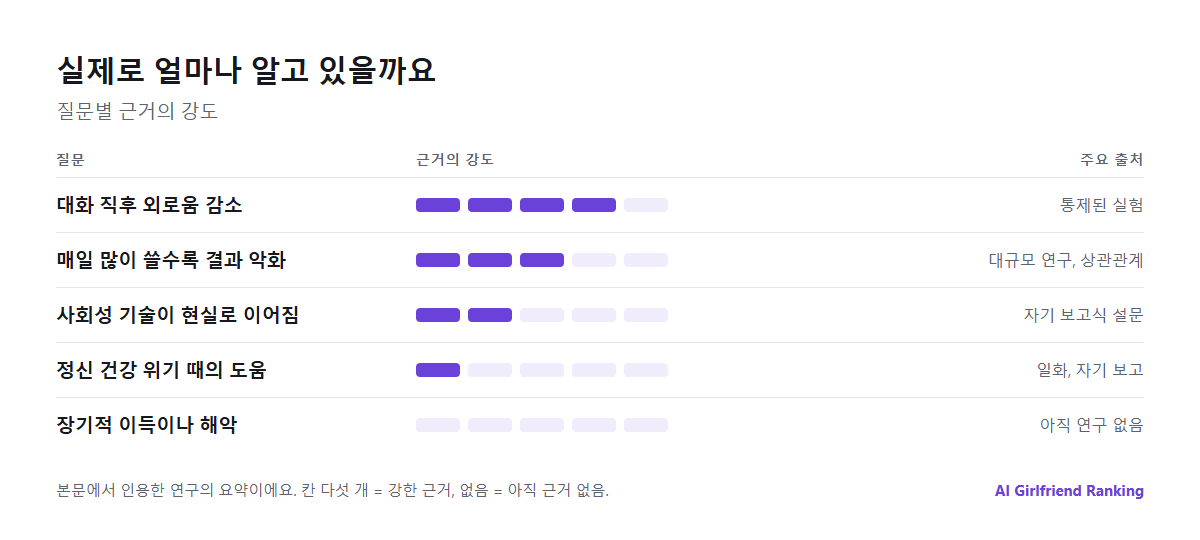근거를 요약한 차트: 단기 외로움 완화는 근거가 강하고, 많이 쓸수록 결과가 나빠진다는 근거는 중간이며, 장기적 이득이나 해악은 근거가 약해요